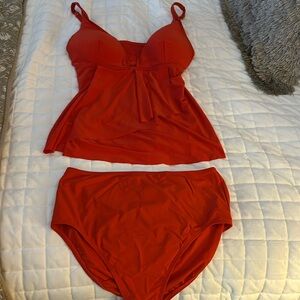 Two piece tankini bathing suit.